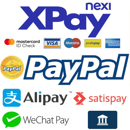 Aceptamos pagos por tarjeta de crédito, AliPay, WeChatPay, PayPal,  Transferencia Bancaria, Satispay